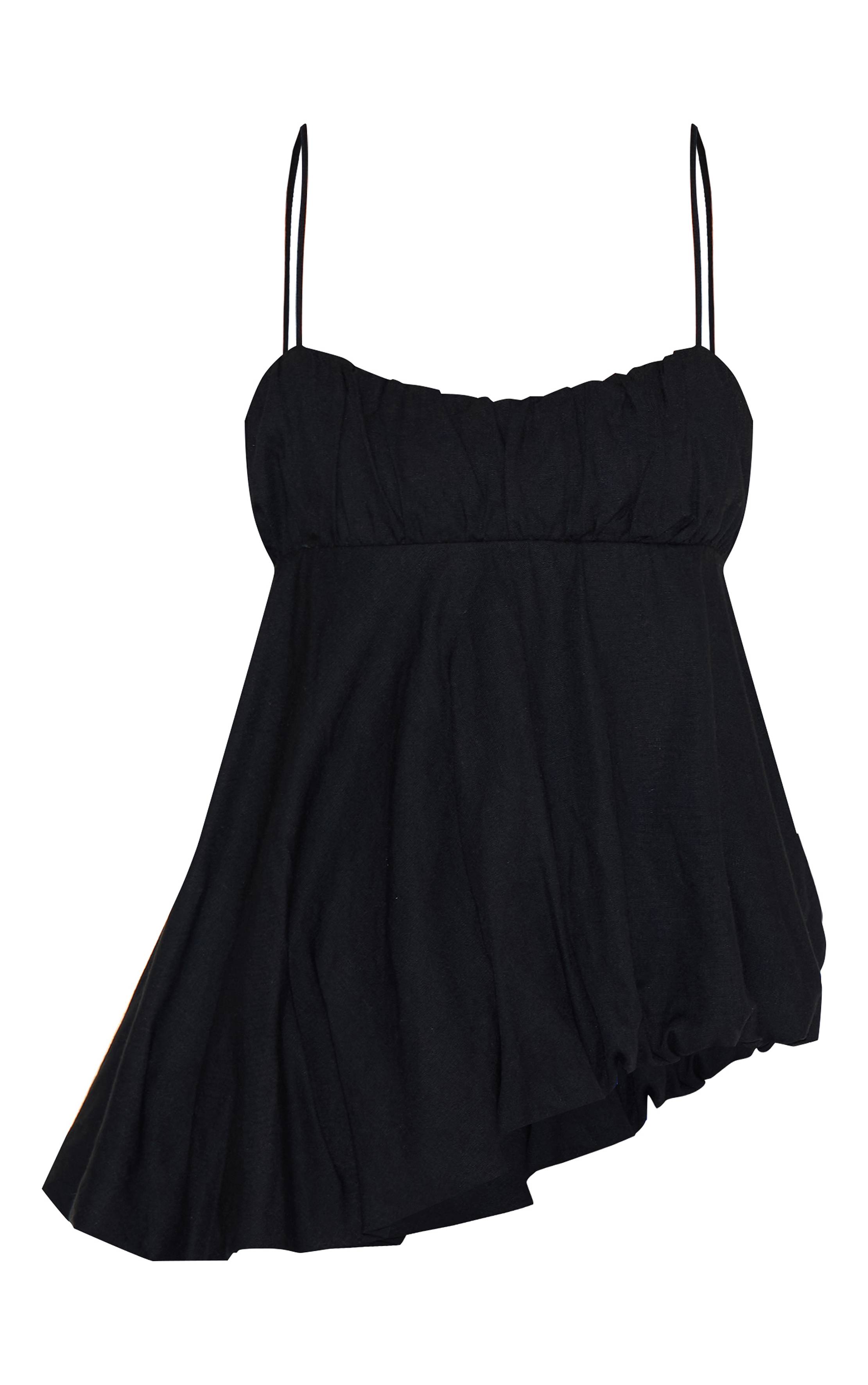 Noir Caraco Asymétrique En Mélange De Lin Avec Détails Bouffants