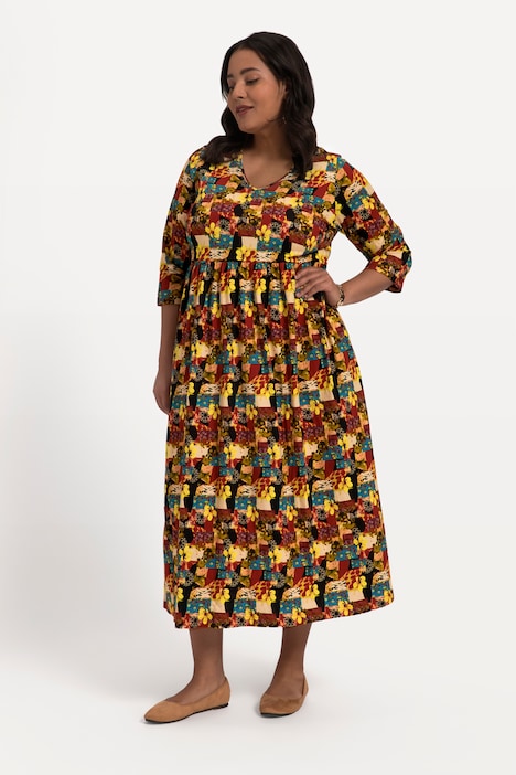 Jerseykleid, A-Line, Allover Druck, Taschen, V-Ausschnitt, 3/4-Arm