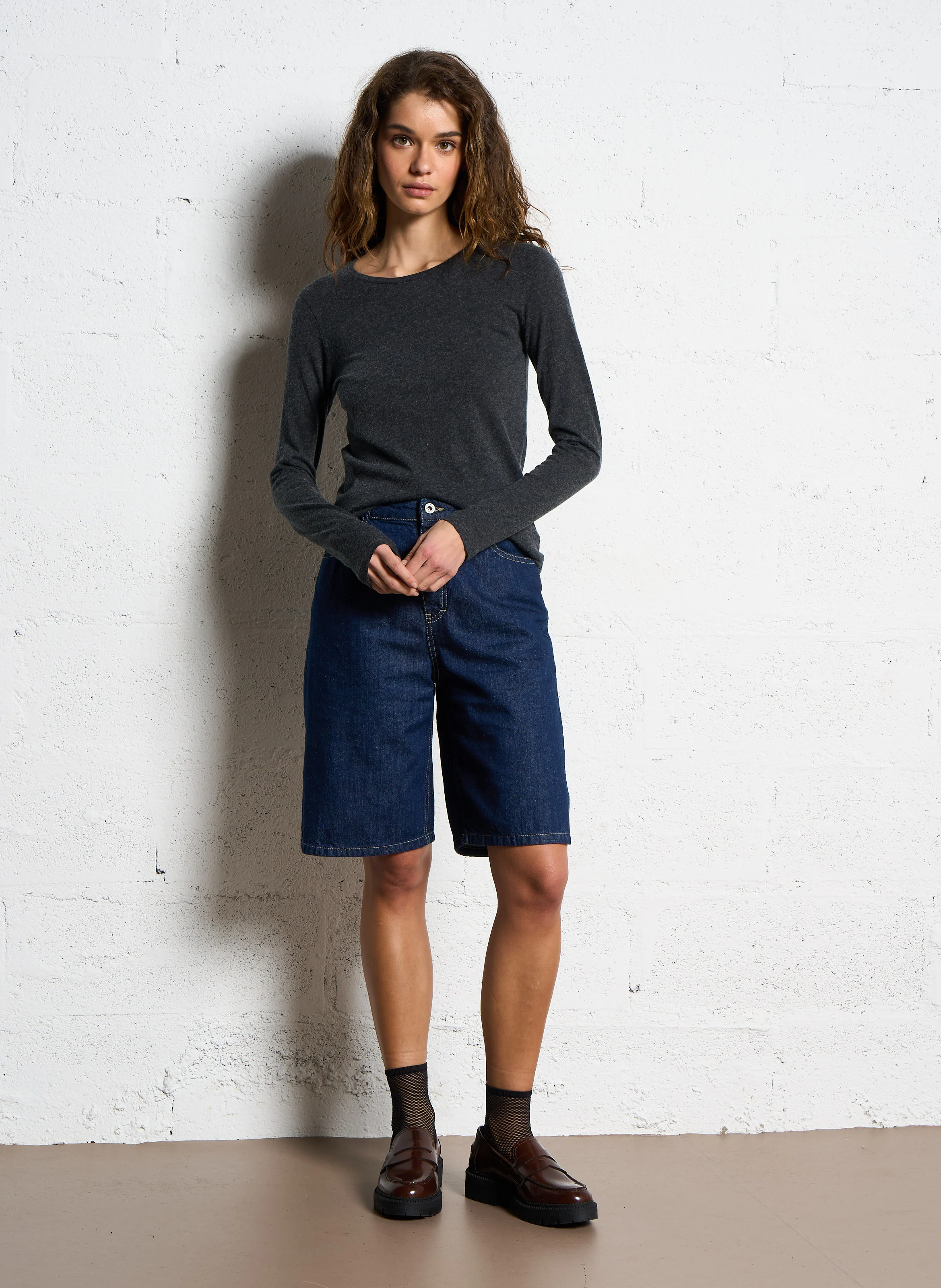 Tee-shirt col rond en coton et cachemire mélangé | Gris