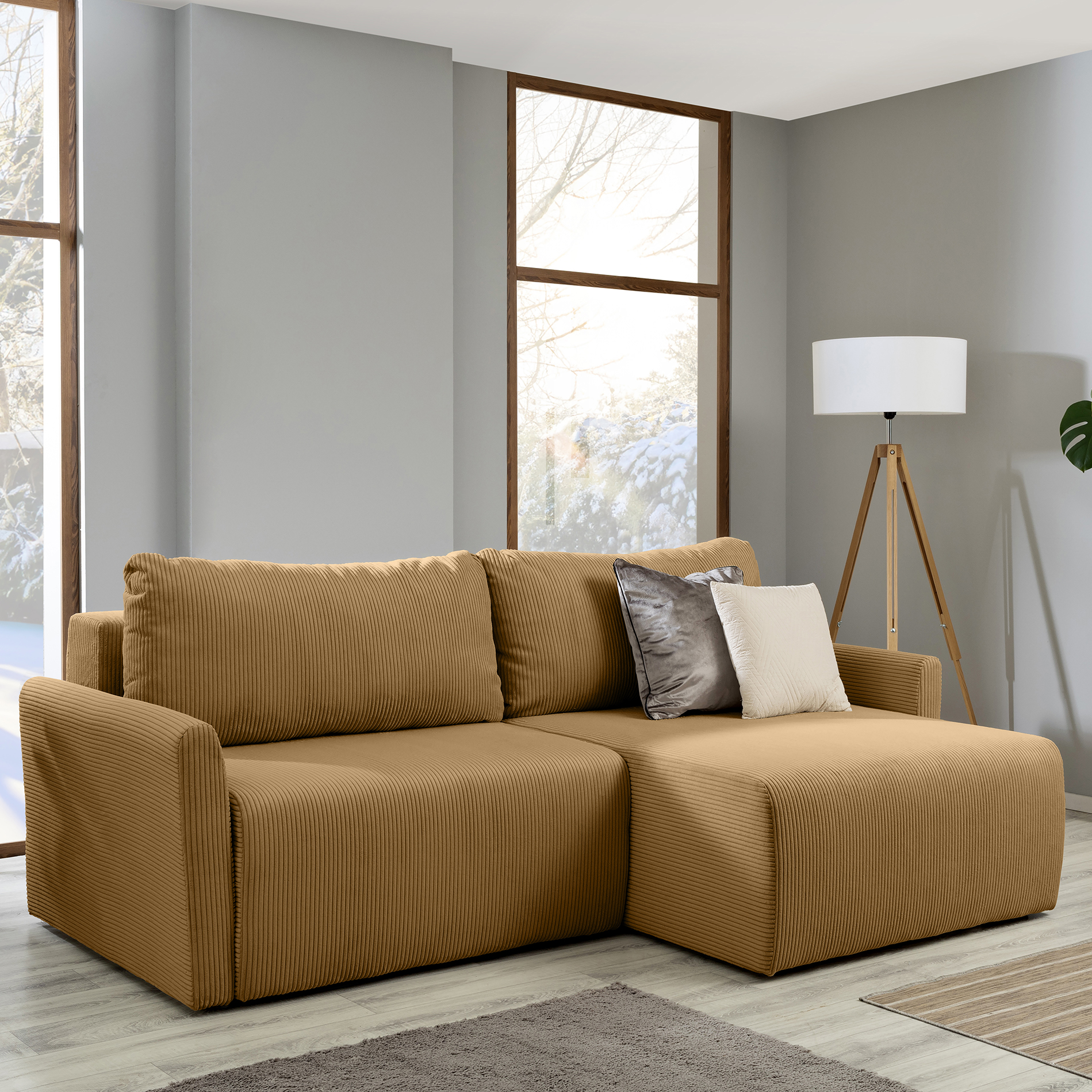 Ecksofa - gold - Liegefunktion und Bettkasten