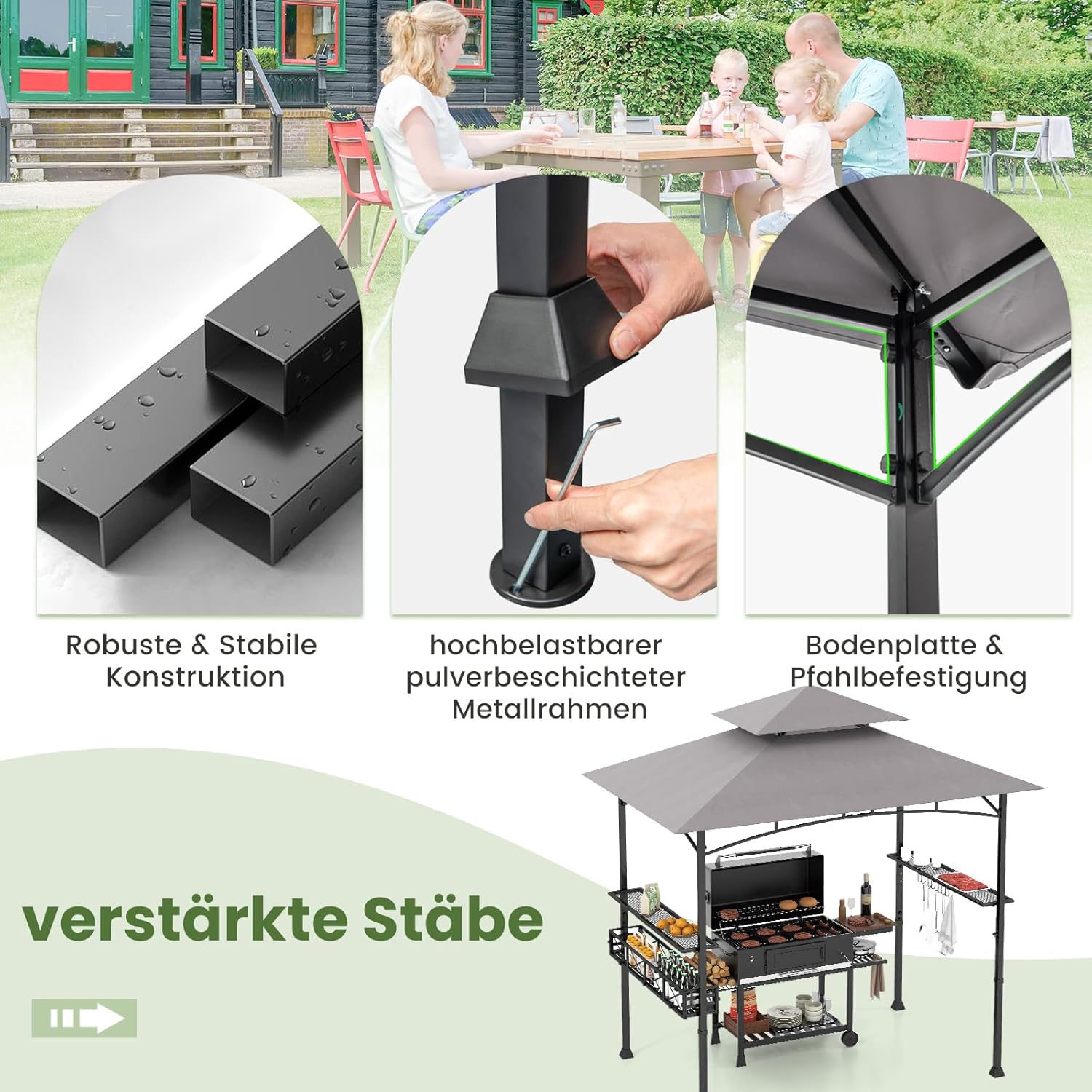 COSTWAY Grillpavillon mit Doppeldach, Seitenregalen, Metallkorb, Haken und Flaschenöffner, Grillüberdachungen wetterfest, Grillunterstand für Garten, Außenbereich, 242 x 153 x 250 cm (Grau)