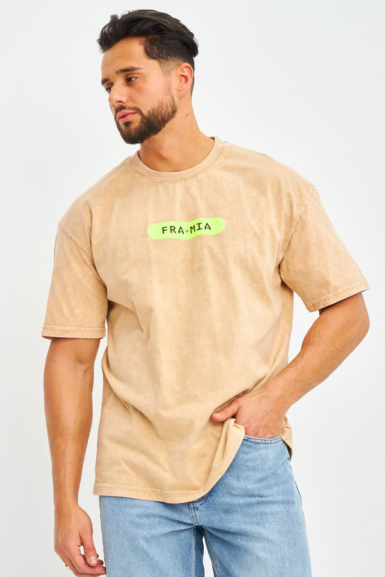 T-shirt beige délavé à inscriptions