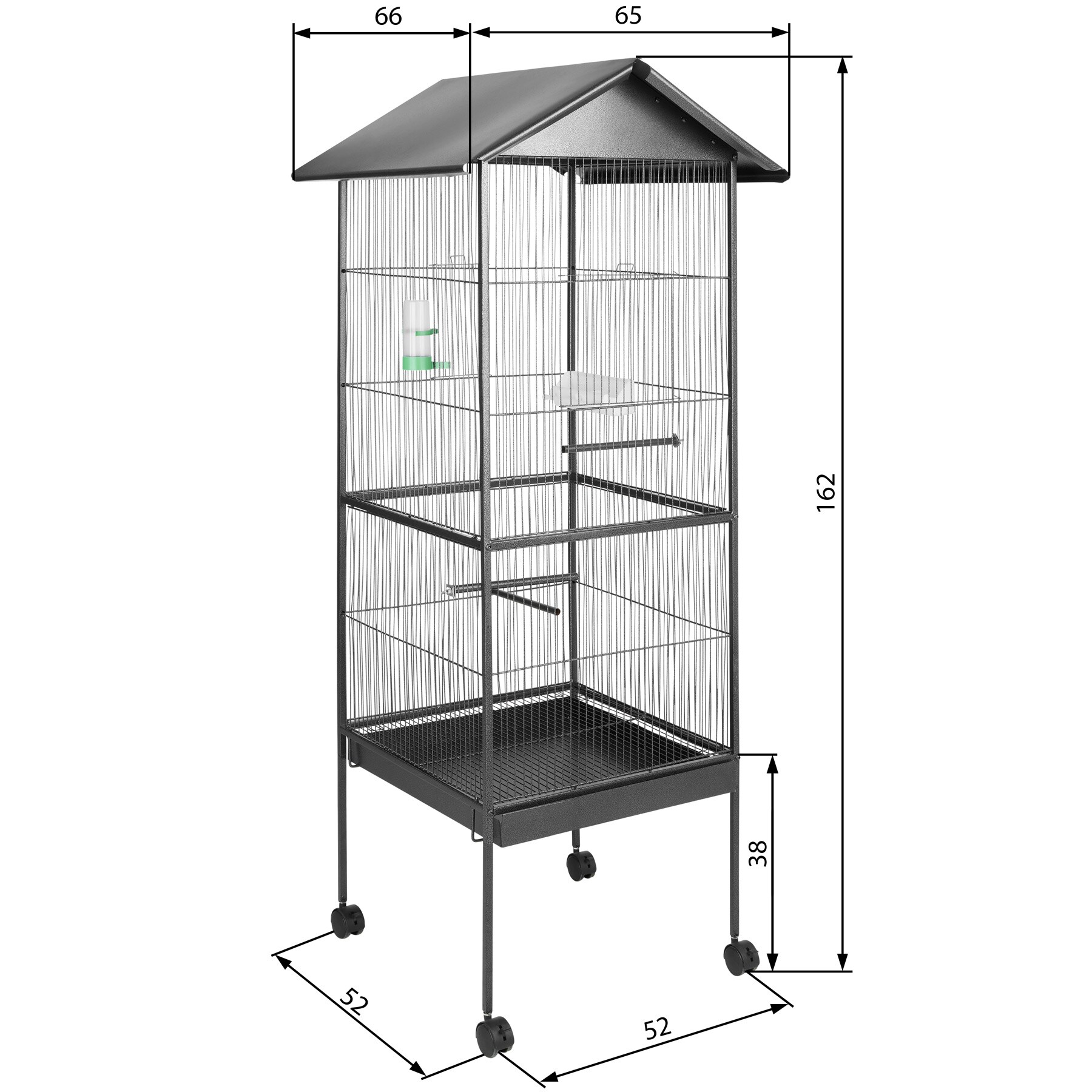 tectake® Vogelkäfig, in Hammerschlagoptik, 2 Schiebeöffnungen und geringer Gitterabstand, 52 x 52 x 162 cm