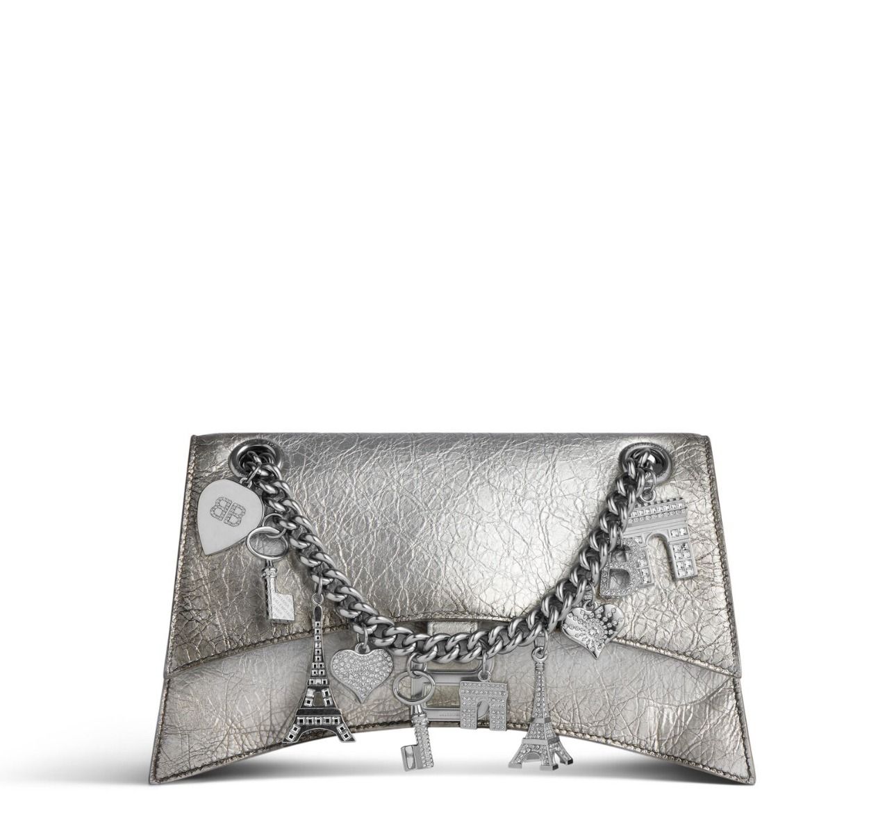 Balenciaga Crush Small Chain Bag Dirty Effect With Souvenirs And Rhinestones In Silver