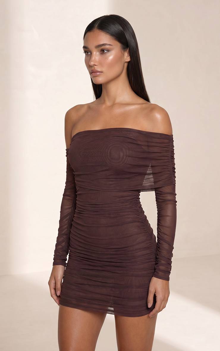 Chocolat Robe Mini Asymétrique À Manches Longues En Mesh Superposé