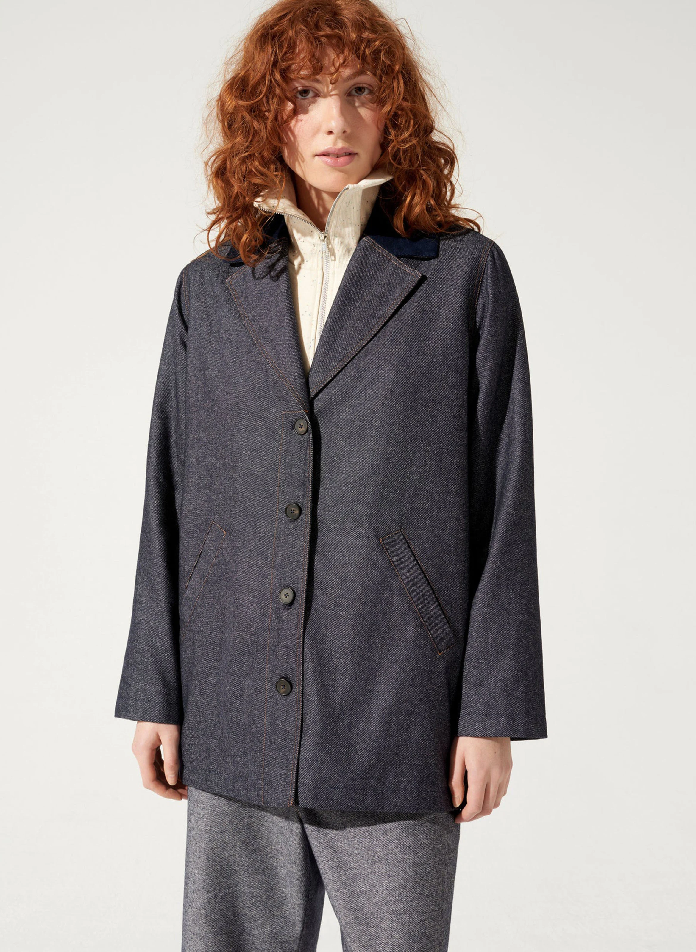 DAVOR - Manteau droit en coton et laine mélangé | Bleu