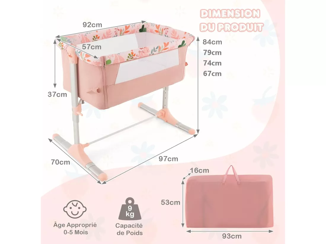 Lit Cododo Bébé 3 en 1 avec Hauteur Réglable 5 Niveaux, Lit Berceau Inclinaison de 10° avec Matelas Confortable,Maille Respirante,Charge 9KG,Sac de Voyage pour Bébé 0-5 Mois (Rose)