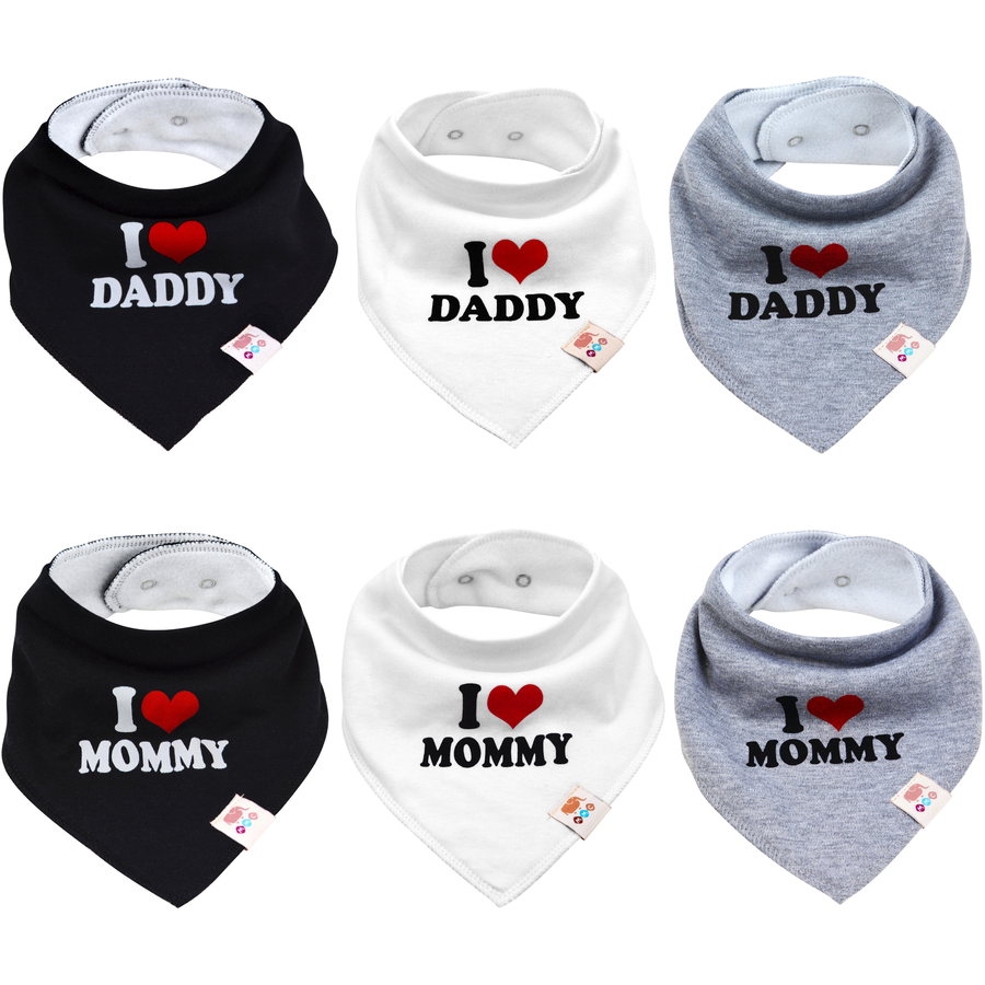 M.M.C. Lätzchen 6 PACK I Love Mommy Daddy Dreieckstücher Halstücher Unisex Set