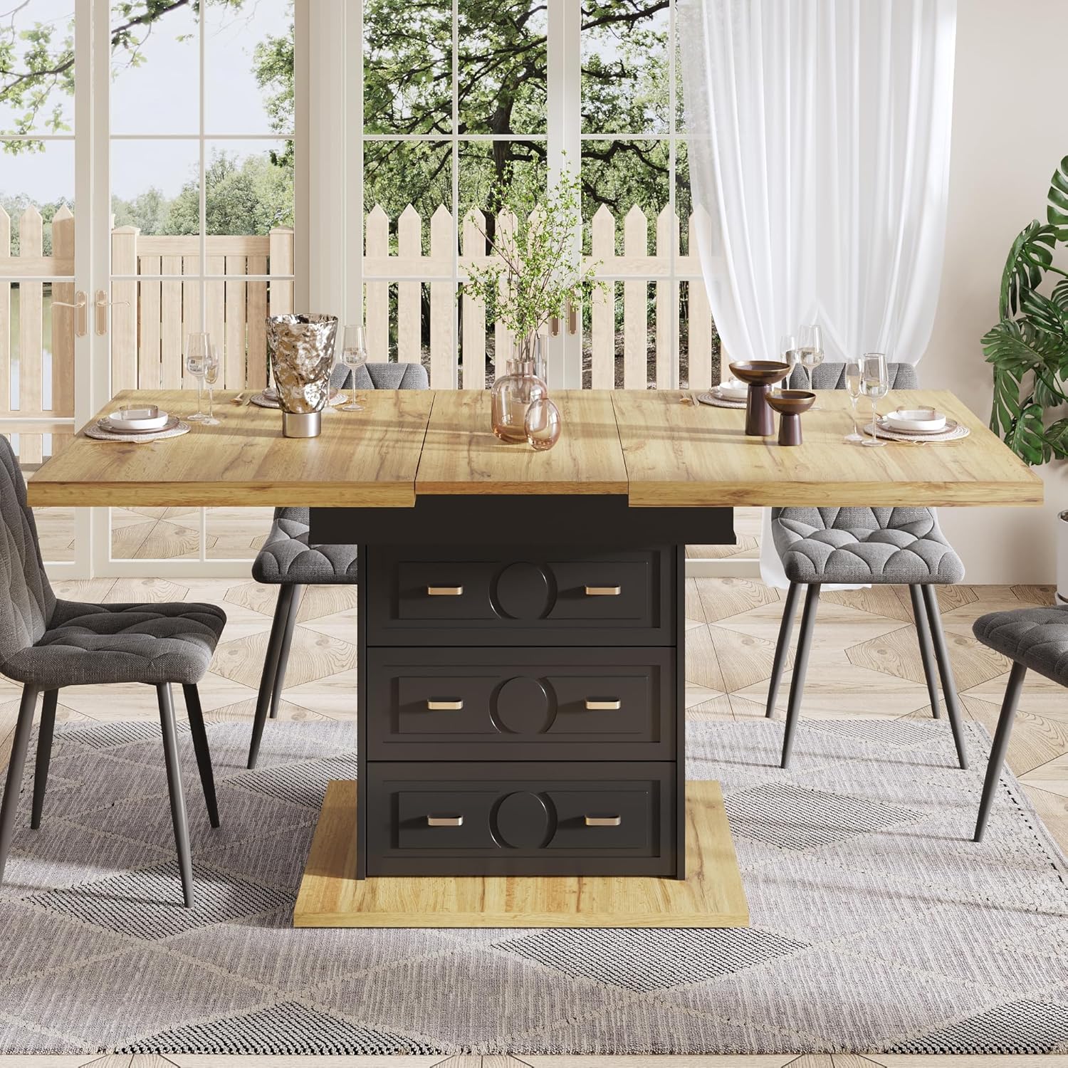 Merax Esstisch Ausziehbar 110-140cm, Esszimmertische mit Stauraum, Rechteckiger Küchentisch mit 2 Schubladen, 1 Staufächer, platzsparender Holztisch für Esszimmer, Küche, Terrasse, Holzoptik & Schwarz