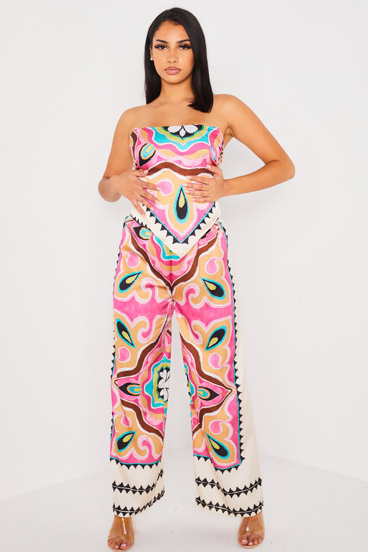 Ensemble 2 pièces crop top + pantalon beige abstrait