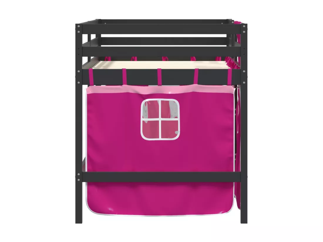 Lit mezzanine enfants et rideaux rose 90x190cm bois pin massif