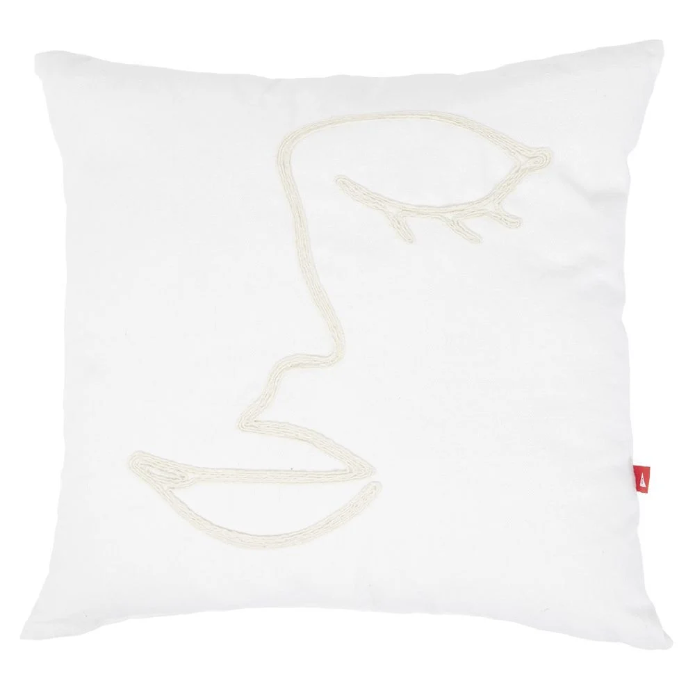 Coussin carré motif line art visage blanc polycoton 38x38cm