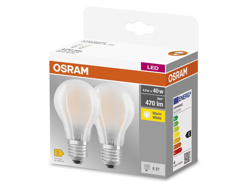 OSRAM Lampe LED BASE CLASSIC A 4W, E27, Warmweiss, 2 Stück LED-Lampen, klassische Kolbenform