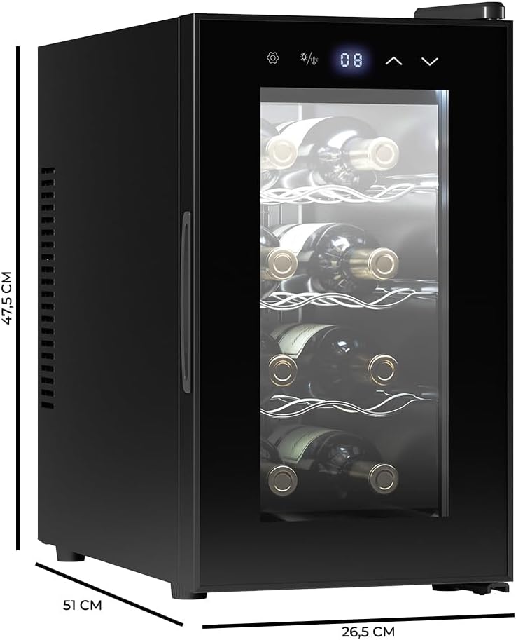 Cecotec Cave à vin 8 bouteilles Bolero Grandsommelier 830 coolcrystal, Refroidissement thermoélectrique, Température réglable entre 8 et 18°C, Commande tactile et affichage, Gaz non nocif.