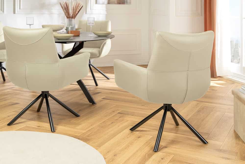 Drehbarer Design Stuhl SIGNATURE beige Echtleder 360° Taschenfederkern schwarz Metall