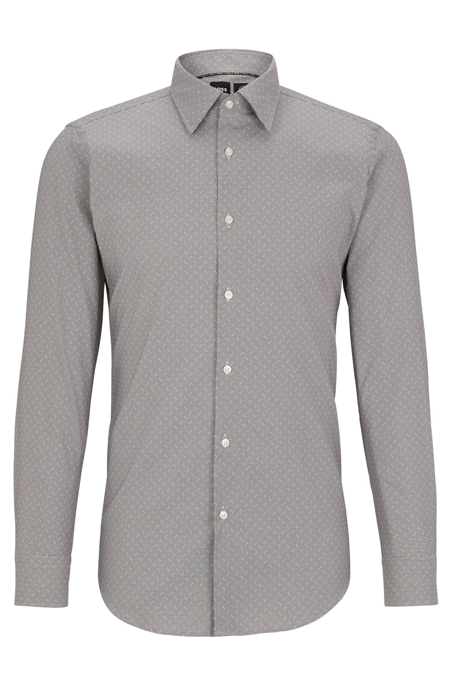 Camisa BOSS preta de corte slim em tecido estruturado de alta performance com elasticidade.