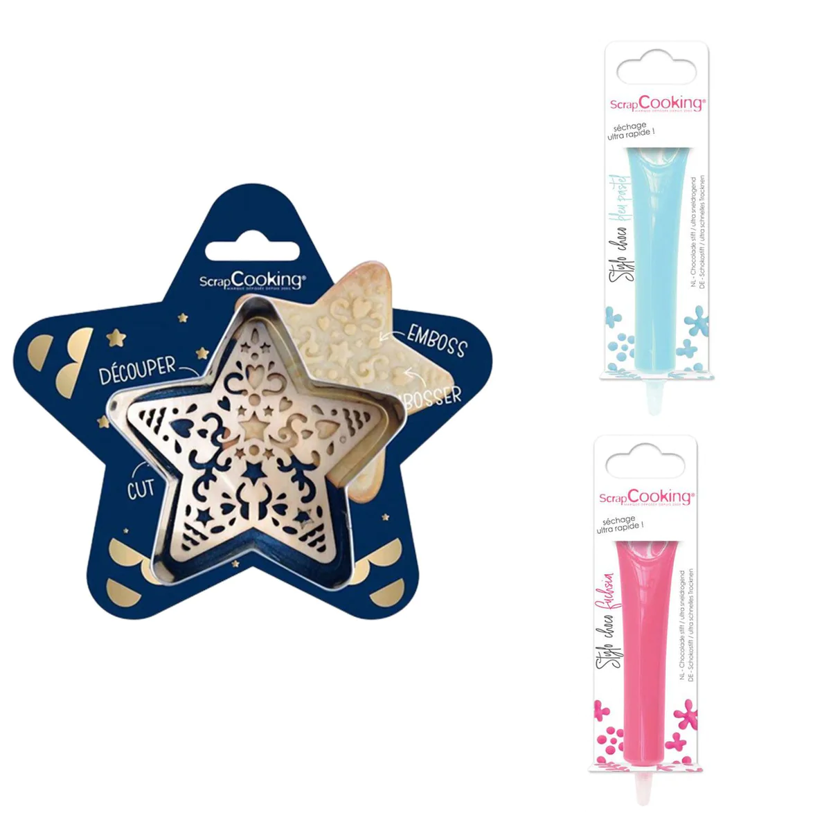 Kit pour biscuit en relief Étoile + 2 Stylos au chocolat bleu pastel e