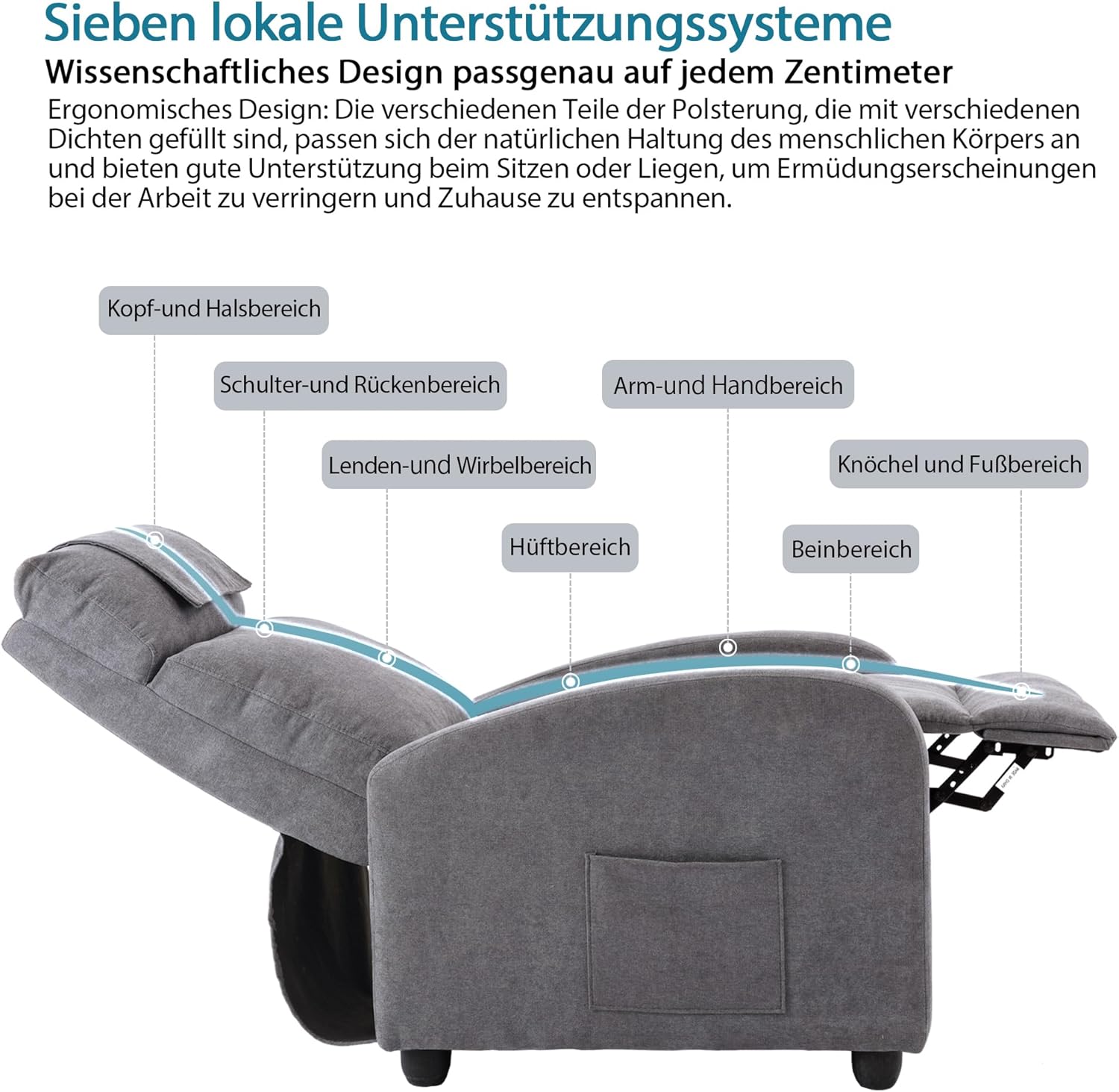 Relaxsessel Ergonomisch Massagefunktion, Einzelsofa Liegefunktion mit Heizung, Lesesessel Fernsehsessel Körper Vibration Sessel, Gesund Loungesessel Polstersessel, 67.5X87X100 cm (Hellgrau)