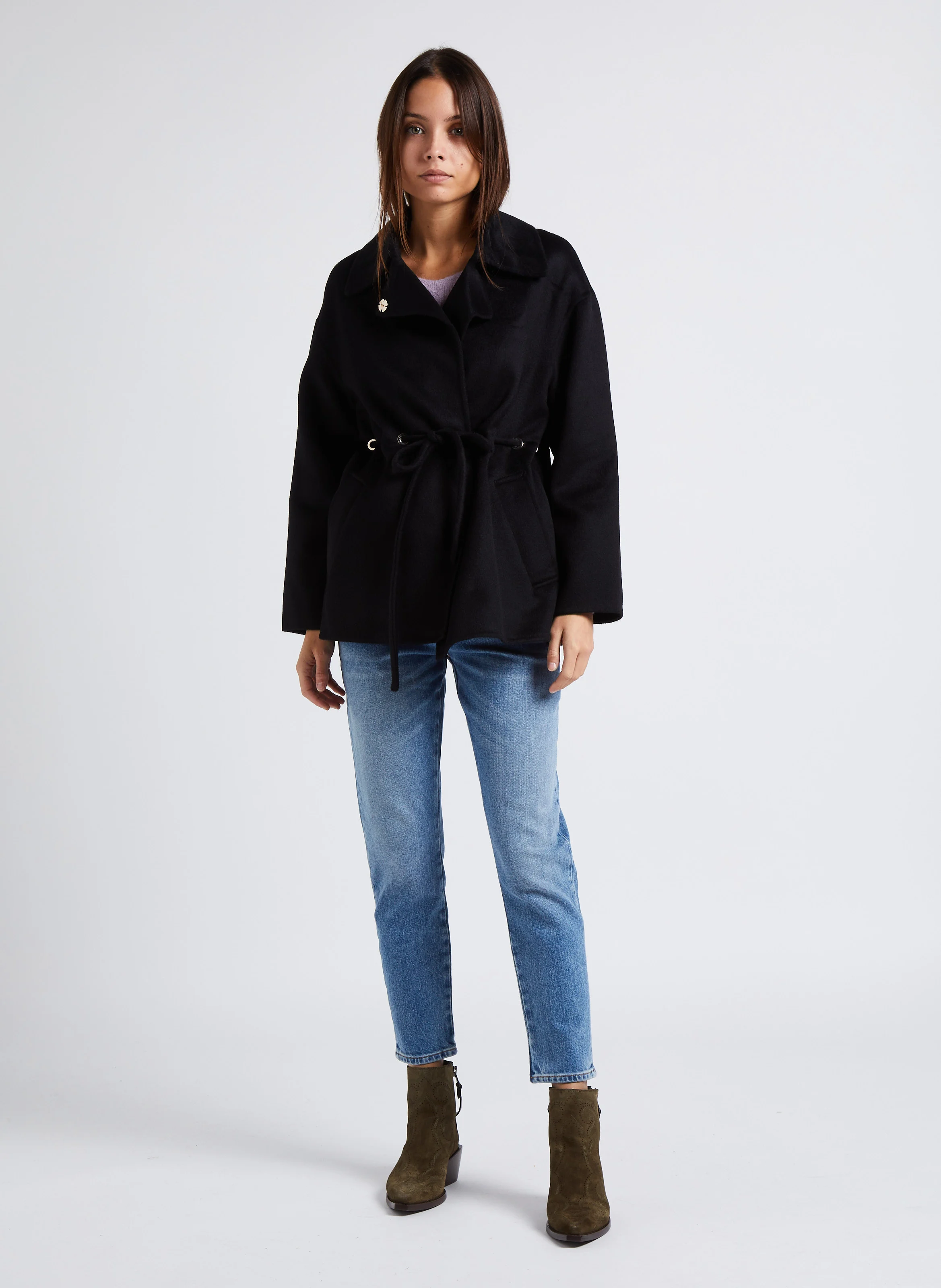 KAM - Manteau ample col classique en laine mélangée | Noir