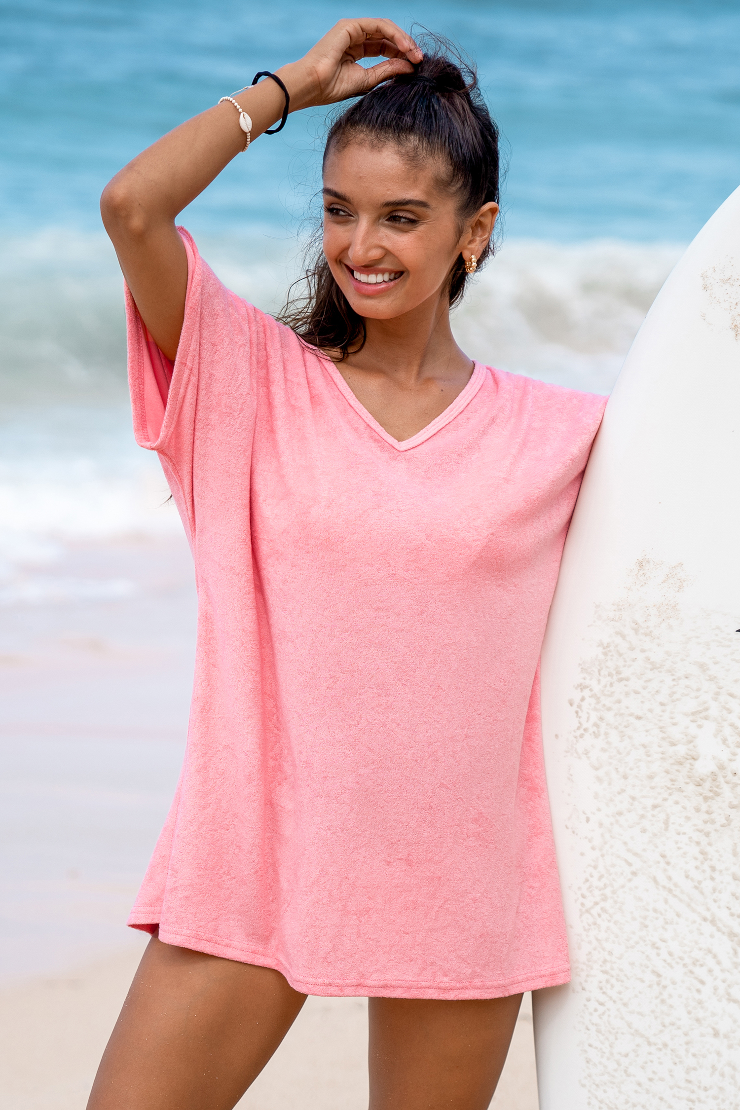 Robe cover up mini à manches courtes et col en V rose