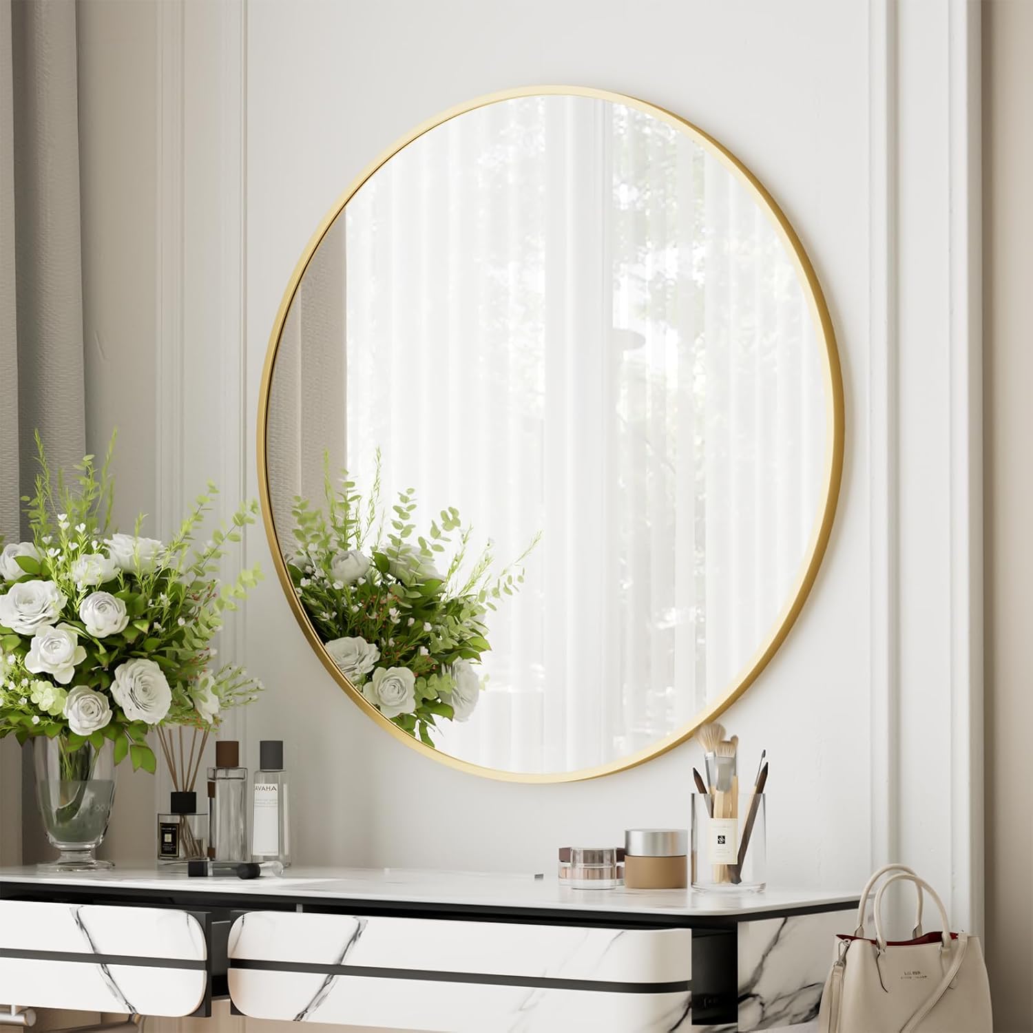 BEAUTYPEAK 106 cm Runder Spiegel, Bruchsicherer Wandspiegel mit Aluminiumrahmen, Badezimmer Spiegel zum Aufhängen und Anlehnen, Rund Wandspiegel für Schlafzimmer, Bad, Wohnzimmer Gold