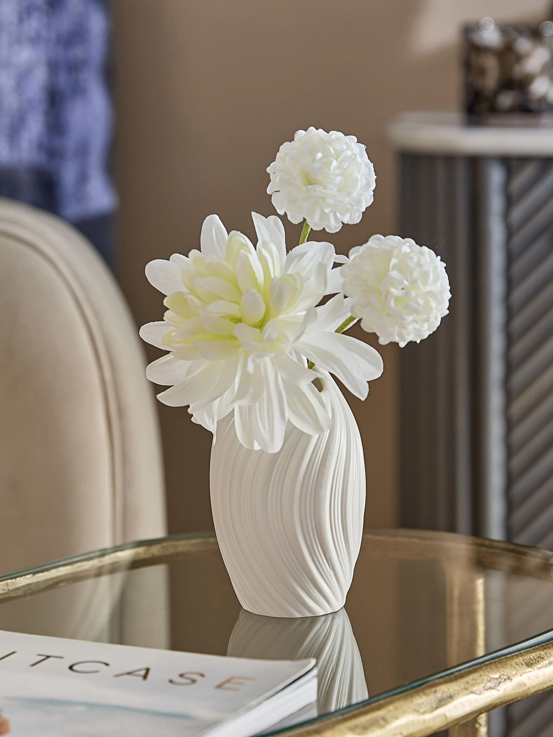 Artificial Dahila Arrangement In Ceramic Pleated Vase