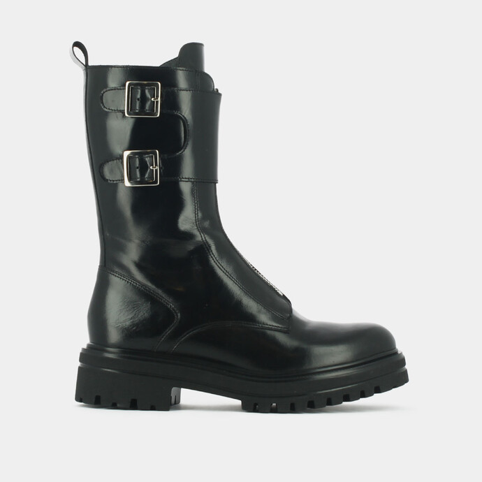 Boots à fermetures frontales et boucles latérales  en cuir noir