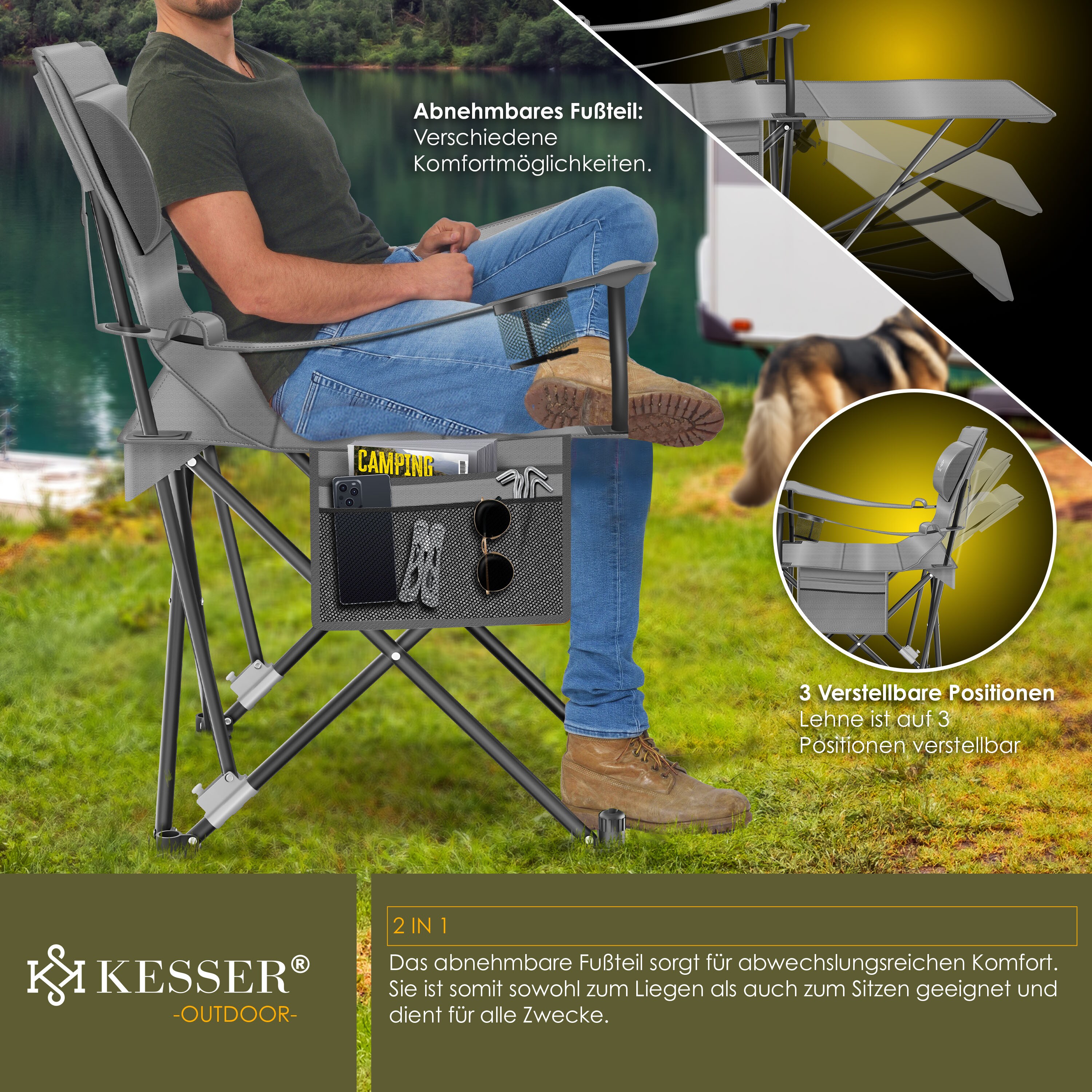 KESSER® Campingliege Campingstuhl 2in1 bis 160kg | Feldbett klappbar | Campingbett faltbar extra breit | Campinglicht & Getränkehalter + Aufbewahrungstasche & Transporttasche | Angelliege verstellbar