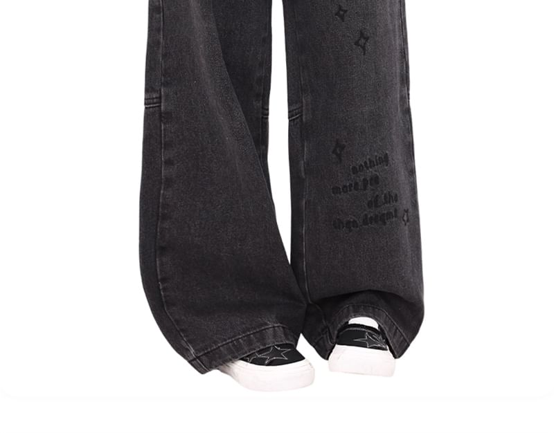 AXEN - Mid Rise Lettering Star Geborduurde Washed Wide Leg Jeans