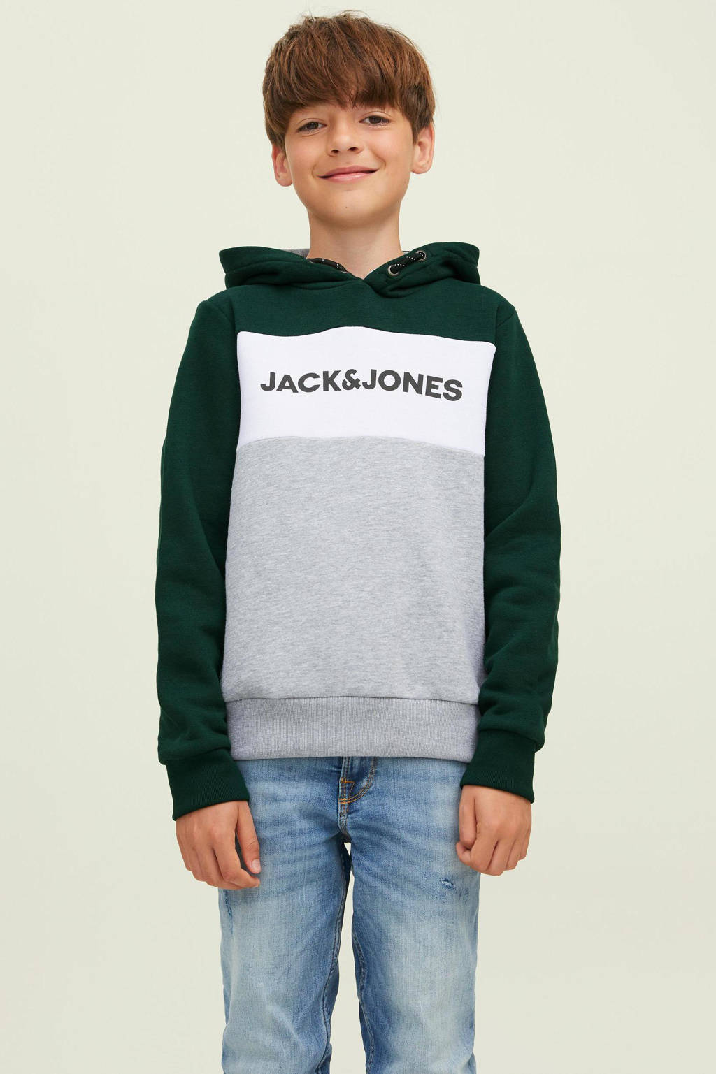 JACK & JONES hoodie JJELOGO met logo donkergroen/wit/grijs melange