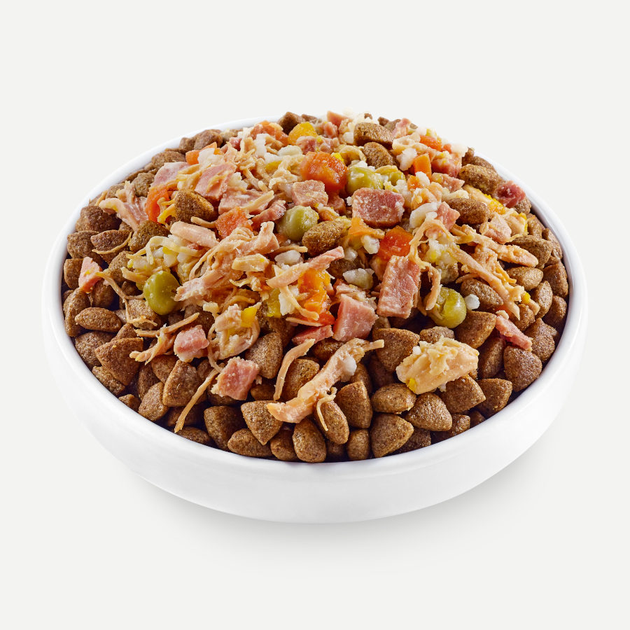Applaws Taste Toppers, lata de 156g, sabor frango com presunto e legumes em caldo para cães.