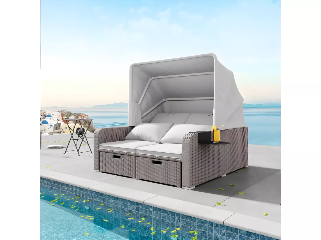 Salon de jardin extensible - Canapé lounge en rotin PE avec auvent réglable - structure en acier - Taupe