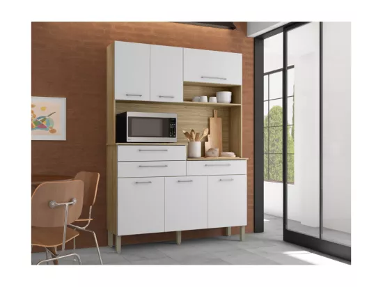 Buffet de Cuisine 6 Portes 3 Tiroirs 9 Niches Chêne Blanc L 138.5 H 195 P 38.8 cm