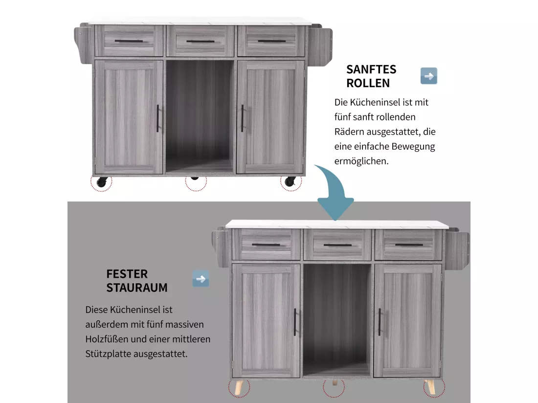Ilot central de cuisine mobile avec 2 portes et 3 tiroirs - plateau extensible - 129x46/71x91,5 cm - Bois MDF + métal - Gris+ blanc