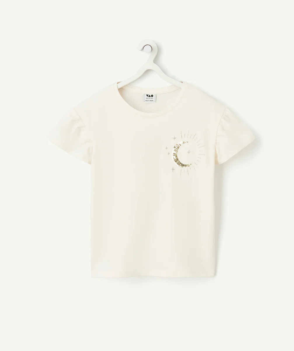 t-shirt manches courtes fille en coton bio écru avec motif lune et étoiles en sequins
