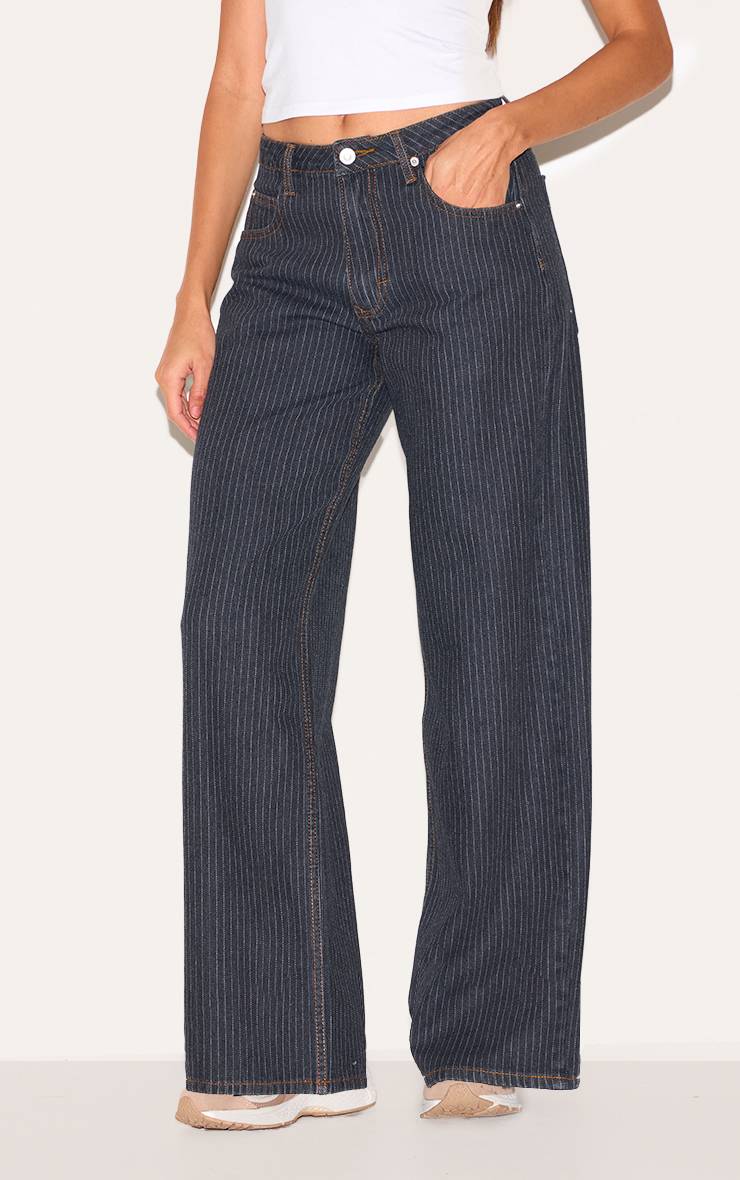Bleu Marine Jean Baggy Taille Basse À Fines Rayures