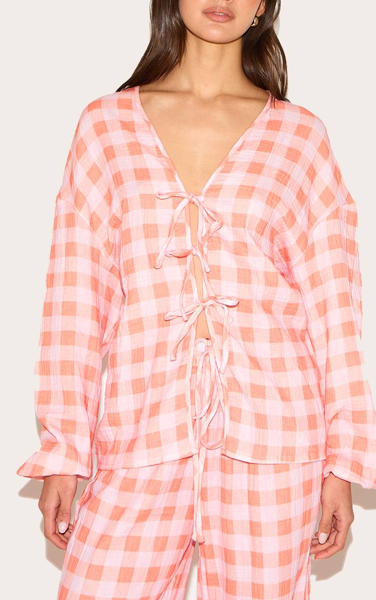 Orange Ensemble Chemise À Carreaux En Gaze De Coton À Manches Longues Avec Nœud Devant