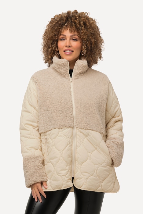 Steppjacke, Teddyanteil, Stehkragen, A-Linie, Patchlook