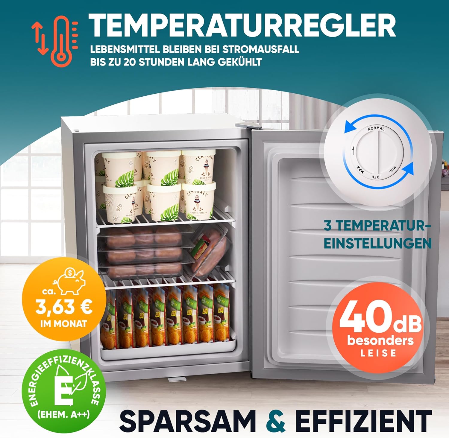 Stillstern Mini Gefrierschrank (42L) -18°C, Eiswürfelschale, Schloss, Türanschlag wechselbar, 4-Sterne Tiefkühlschrank für Camping/Büro Gefriertruhe Klein Gefrierschrank Klein Tiefkühltruhe Silber