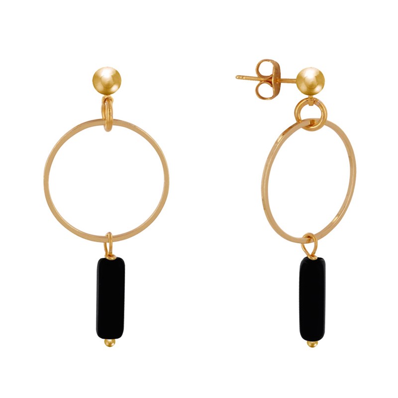Boucles d'Oreilles Doré Cercle et Perle Rectangulaire