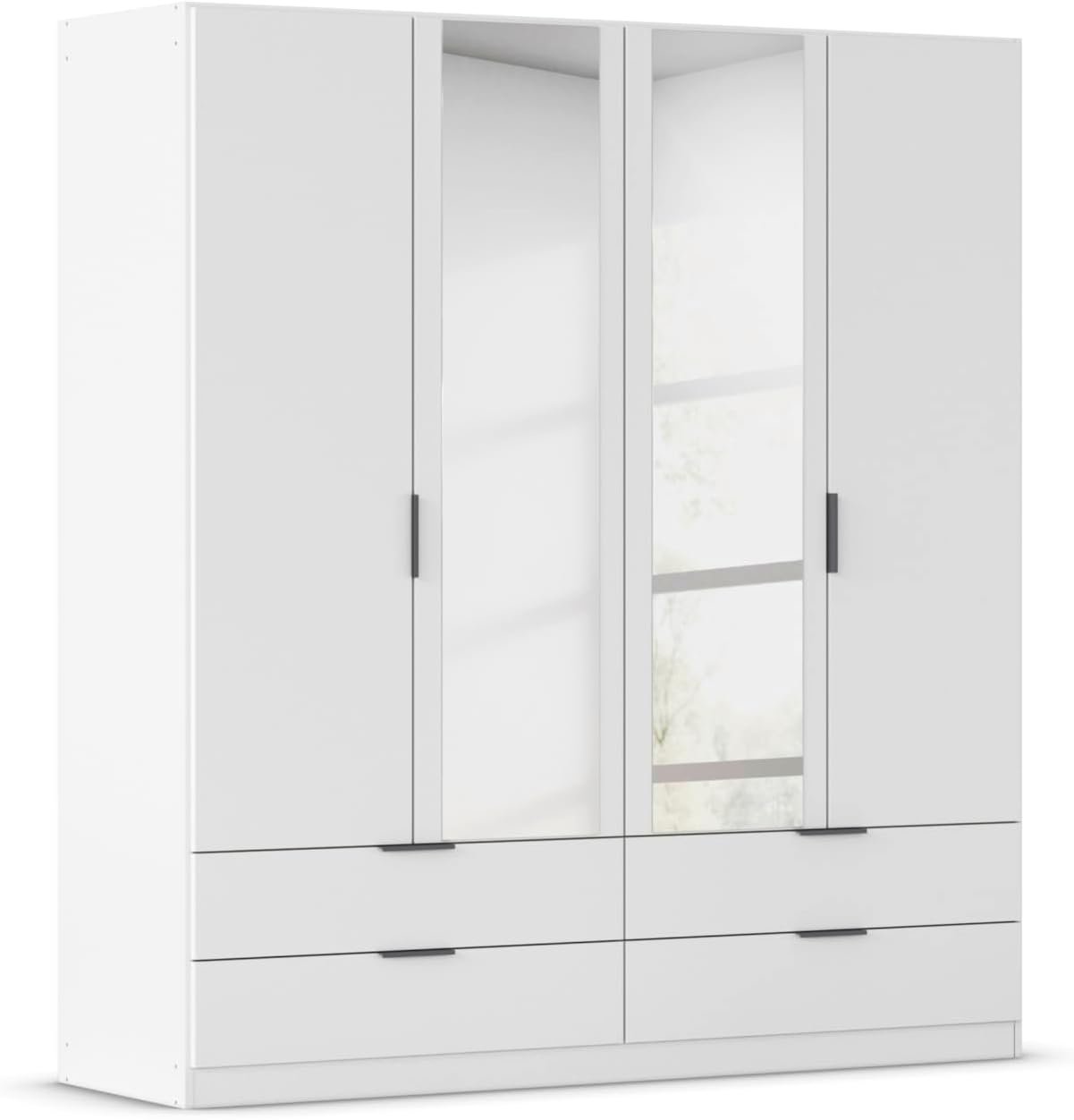 Rauch Möbel Lagoa, Kleiderschrank, Garderobe für Schlafzimmer, Kinderzimmer, Jugendzimmer 4-türig mit Spiegel, 4 Schubladen, mit Zubehör Basic, Farbe Weiß, Breite 181 cm