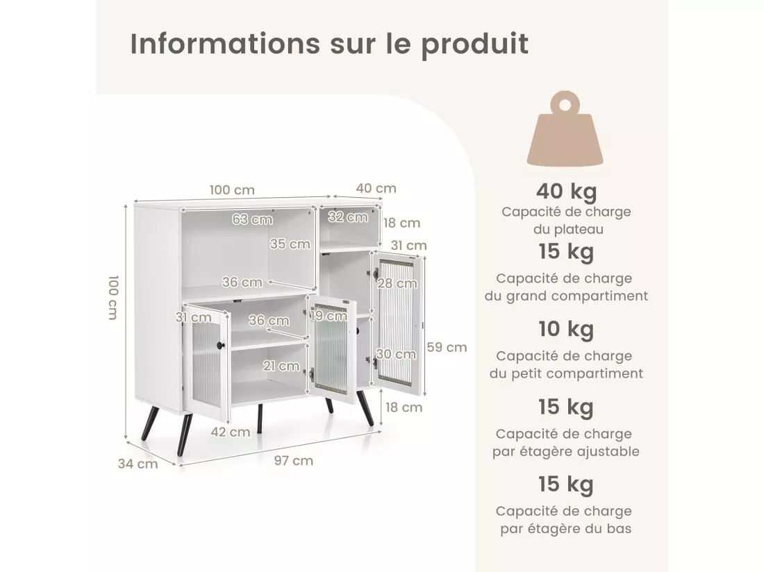 Meuble de rangement, placard 3 portes, 2 etagères, 100 x 39,5 x 100 cm (blanc)