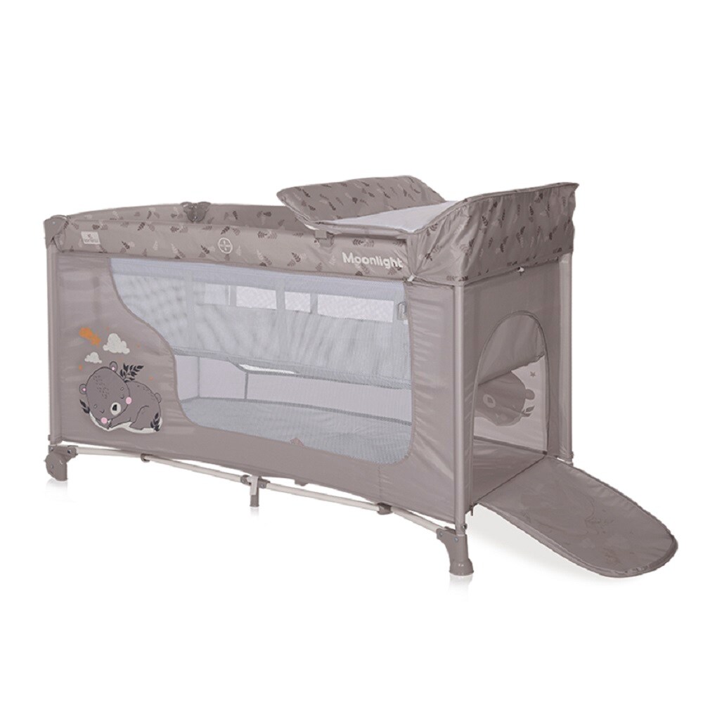Lorelli Reisebett Moonlight zwei Ebenen, faltbar, Wickelauflage, Matratze, Räder braun
