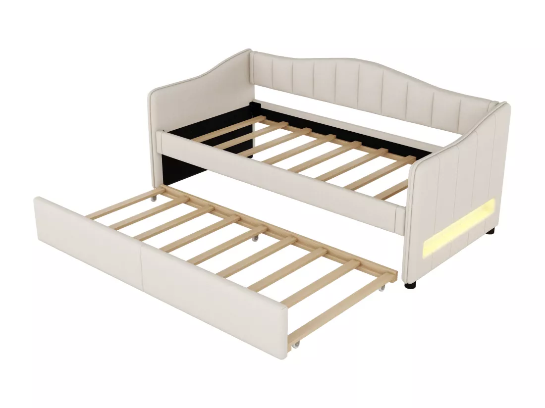 Lit gigogne 90/180 x 200 cm avec 2 tiroirs - tissu en lin - LEDs - beige (sans matelas)