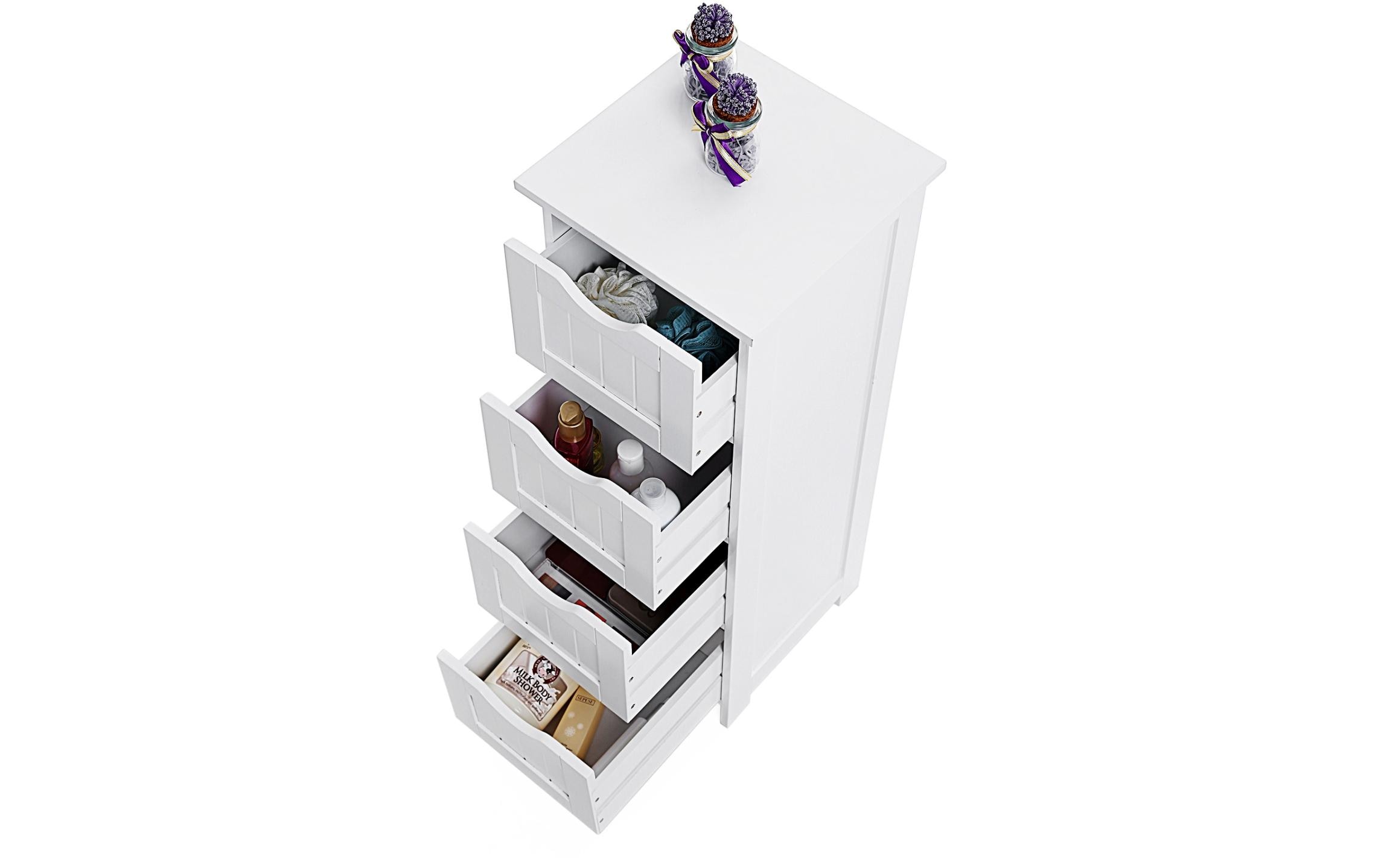 Badezimmerregal mit 4 Schubladen 30 x 82 cm, WeissBeistellschrank im Landhausstil