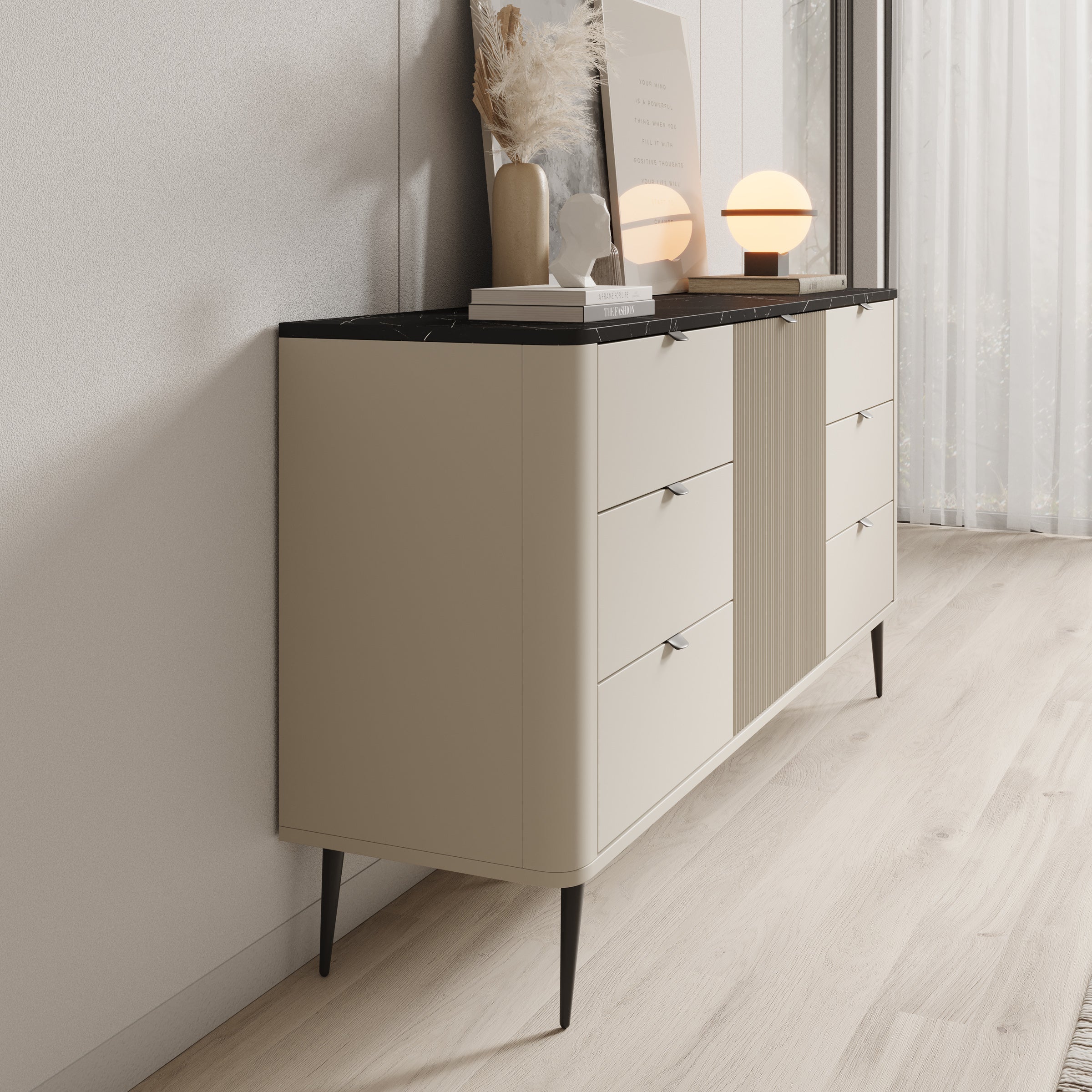 Meubella - Dressoir Mace - Beige - 160 cm - Met lades