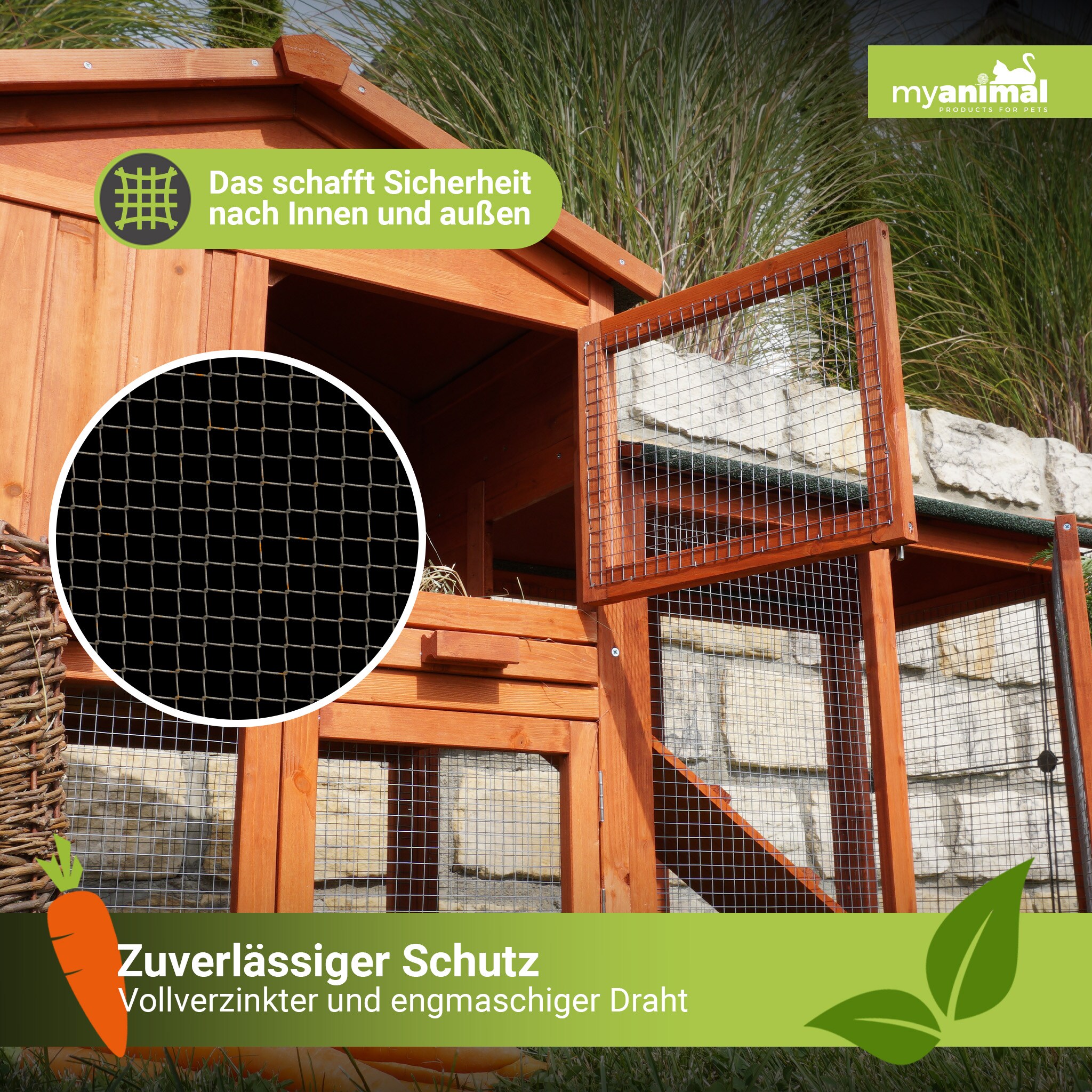 MyAnimal Hasenstall MH-03 Doppelstockhaus mit Garten, Freilauf, abnehmbares Dach, verzinkter Draht (Braun 2.0)