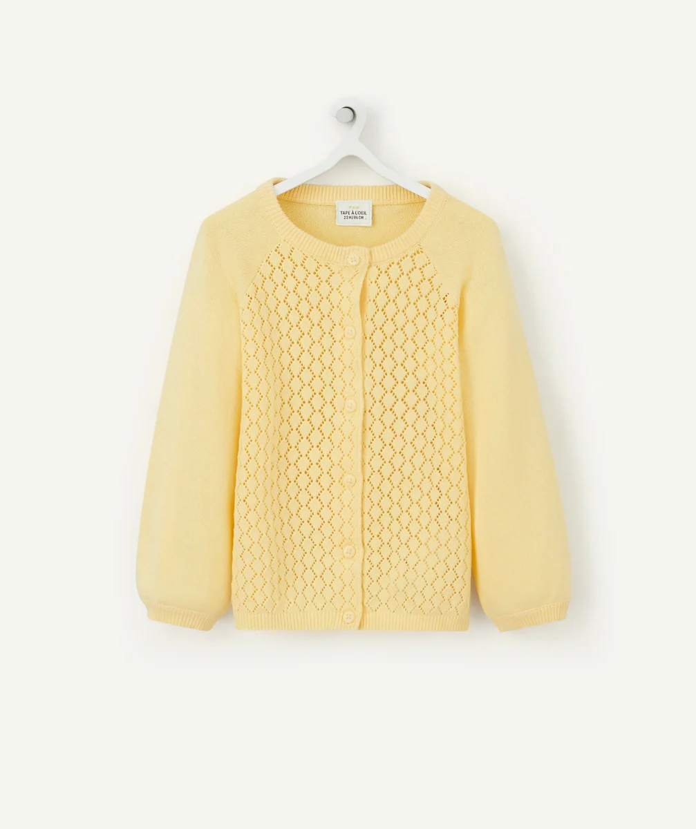 CARDIGAN BÉBÉ FILLE JAUNE EN COTON AJOURÉ
