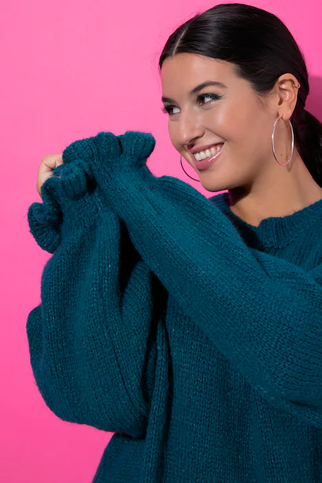 Strickkleid, oversized, Rüschenärmel, petrol