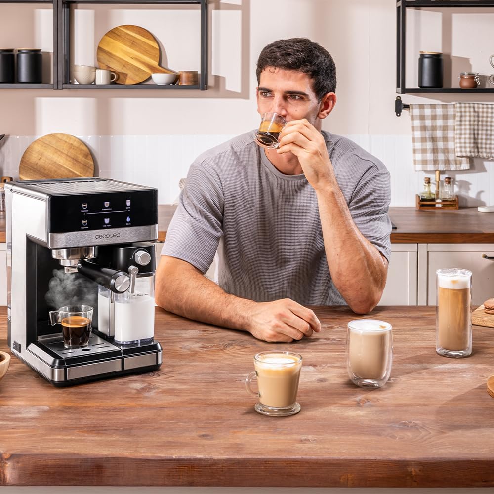 Cecotec Express-Kaffeemaschine, halbautomatisch, mit Power-Espresso-Milchtank, 20 Touch & Cream, 1350 W, Thermoblock-System, 20 Bar Druck, Aufschäumdüse, Tank 1,8 l, Zubehör